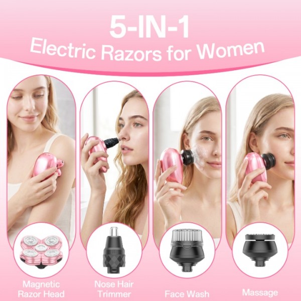 5-in-1 Electric Razors for Women, Portable Electric Shavers for Full Body, Waterproof Wet/Dry, Rechargeable Hair Remover for Lady Legs, Face, Underarms, Lips, Arms